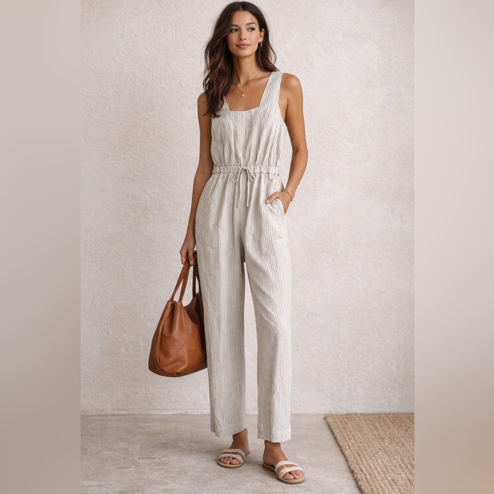 Everlane The Fatigue Apron Ivory & Navy Blue Cotton/Linen Blend Jumpsuit Size 0